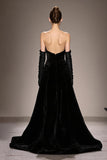 Black Strapless Long Velvet Evening Dress