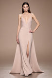Champagne A Line Satin Ruched Maxi Evening Dress with Slit