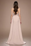 Champagne A Line Satin Ruched Maxi Evening Dress with Slit
