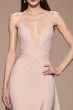 Champagne A Line Satin Ruched Maxi Evening Dress with Slit