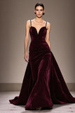Burgundy Velvet A Line Spaghetti Straps Long Evening Dress