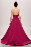 Fuchsia Satin A Line Ruched Strapless Long Evening Dress With Slit