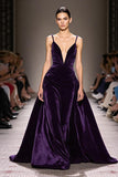 Dark Purple Velvet A Line Deep V-Neck Long Evening Dress