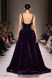 Dark Purple Velvet A Line Deep V-Neck Long Evening Dress
