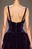 Dark Purple Velvet A Line Deep V-Neck Long Evening Dress