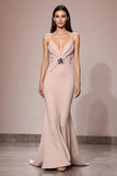 Champagne Satin Ruched Maxi Evening Dress