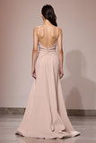 Champagne Satin Ruched Maxi Evening Dress