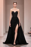 Black A Line Satin Beaded Sweetheart Evening Dress With Slit