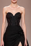 Black A Line Satin Beaded Sweetheart Evening Dress With Slit