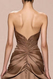 Coffee A Line Satin Strapless Evening Dress