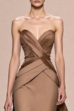 Coffee A Line Satin Strapless Evening Dress