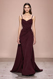 Dark Red Sheath Ruched Spaghetti Straps Long Evening Dress