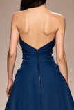 Dark Blue Strapless A-Line Ruched Long Evening Dress with Slit