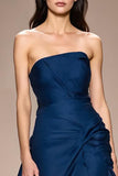 Dark Blue Strapless A-Line Ruched Long Evening Dress with Slit