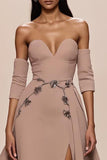 Champagne Sweetheart Appliques Evening Dress with Slit
