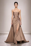 Champagne Strapless Ruched Satin Long Evening Dress with Slit