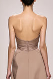 Champagne Strapless Ruched Satin Long Evening Dress with Slit