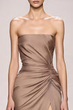 Champagne Strapless Ruched Satin Long Evening Dress with Slit