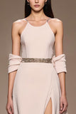 Ivory Satin A-Line Cold Shoulder Long Evening Dress with Slit