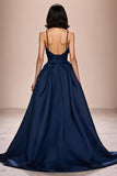 Dark Blue Spaghetti Straps Satin A-Line Ruched Evening Dress with Slit