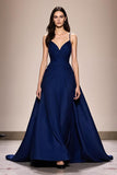 Dark Blue Spaghetti Straps Satin A-Line Evening Dress