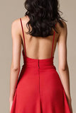 Red Satin A-Line Spaghetti Straps Long Evening Dress with Slit