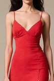 Red Satin A-Line Spaghetti Straps Long Evening Dress with Slit