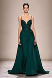 Dark Green A-Line Satin Ruched Long Evening Dress with Appliques
