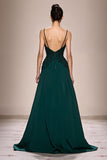 Dark Green A-Line Satin Ruched Long Evening Dress with Appliques