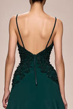 Dark Green A-Line Satin Ruched Long Evening Dress with Appliques