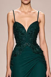 Dark Green A-Line Satin Ruched Long Evening Dress with Appliques