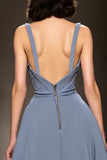 Grey Blue Satin A-Line Ruched V-Neck Long Evening Dress with Slit
