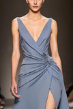 Grey Blue Satin A-Line Ruched V-Neck Long Evening Dress with Slit