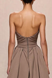 Coffee Satin A-Line Ruched Strapless Long Evening Dress