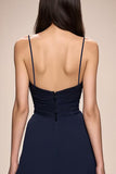 Dark Blue A-Line Ruched Spaghetti Straps Long Evening Dress