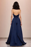 Dark Blue A-Line Satin Strapless Long Evening Dress