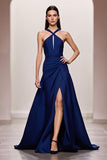 Dark Blue A-Line Satin Halter Ruched Long Evening Dress with Slit