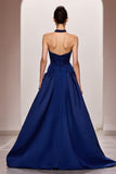 Dark Blue A-Line Satin Halter Ruched Long Evening Dress with Slit