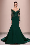 Dark Green Mermaid Lace Sleeves Long Evening Dress with Appliques