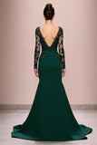 Dark Green Mermaid Lace Sleeves Long Evening Dress with Appliques