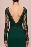 Dark Green Mermaid Lace Sleeves Long Evening Dress with Appliques