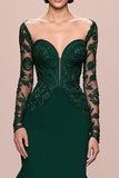 Dark Green Mermaid Lace Sleeves Long Evening Dress with Appliques