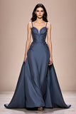Grey Blue A-Line Satin Spaghetti Straps Long Evening Dress with Appliques