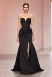 Black Mermaid Satin Strapless Long Evening Dress with Slit