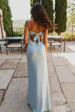 Sky Blue Sheath Spaghetti Straps Satin Long Evening Dress