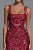 Dark Red Lace Square Neck Sheath Evening Dress