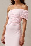 One Shoulder Light Pink Ruched Sheath Long Evening Dress