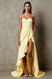 Daffodil Chiffon High-Low Ruched Strapless Evening Dress