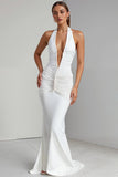 Ivory Halter Mermaid Chiffon V Neck Long Evening Dress