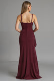 Dark Red Spaghetti Straps Sheath Satin Evening Dress with Slit